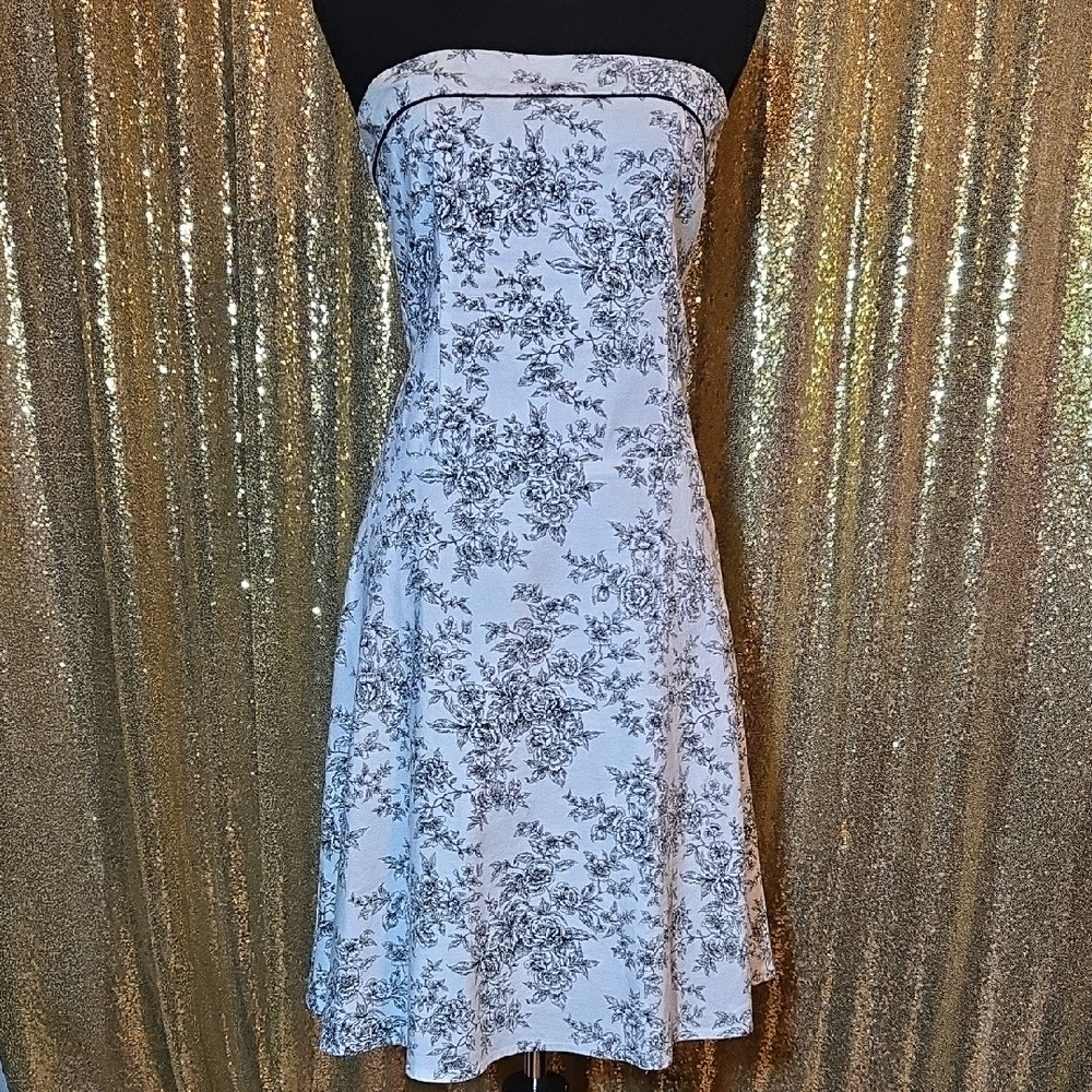 Black And White Floral Toile Strapless Dress